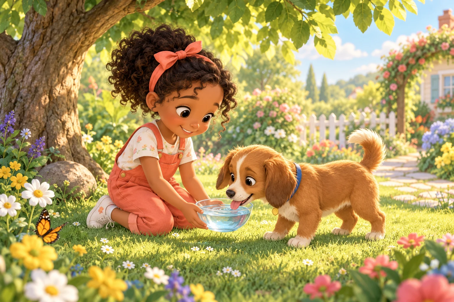 Un bambino offre acqua a un cagnolino in giardino.