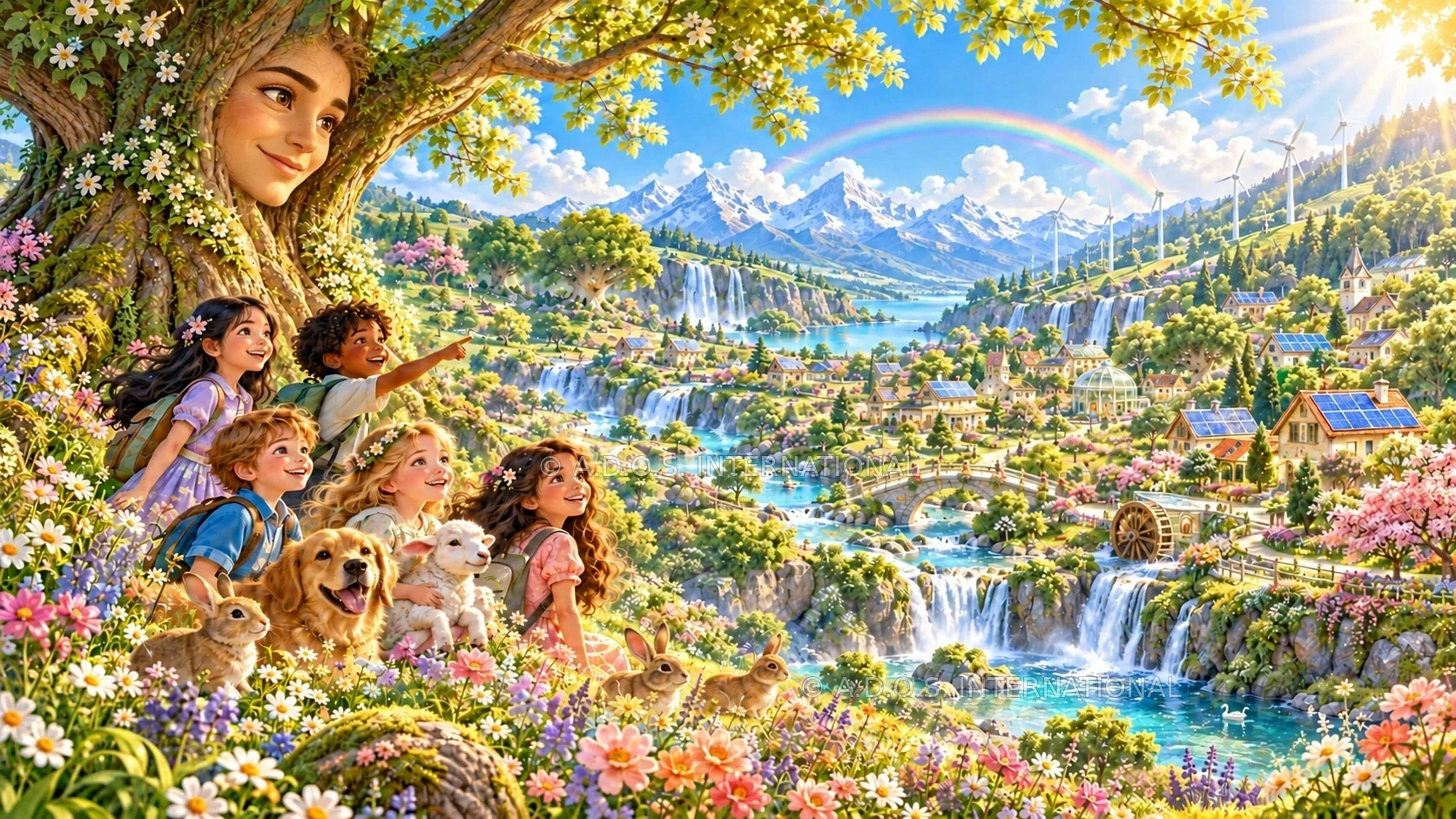 Bambini e animali in una valle luminosa, sotto un grande albero con il volto di un giovane uomo sorridente.