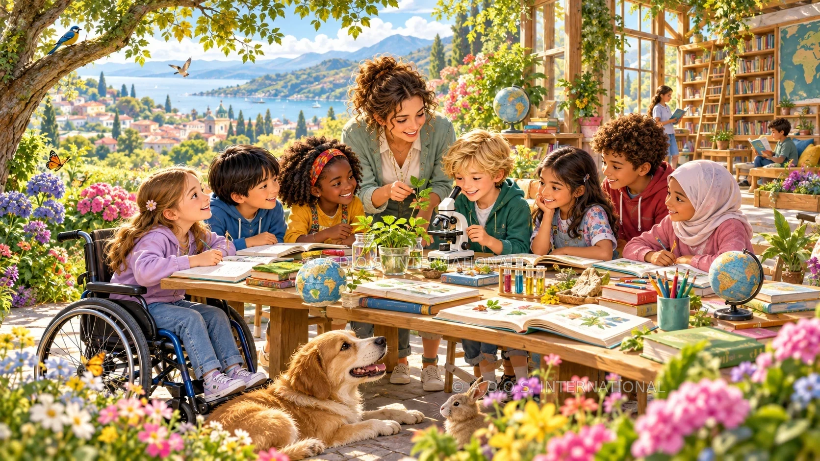 Bambini e insegnante osservano una pianta e un microscopio; un cane e un coniglio sono accanto a loro
