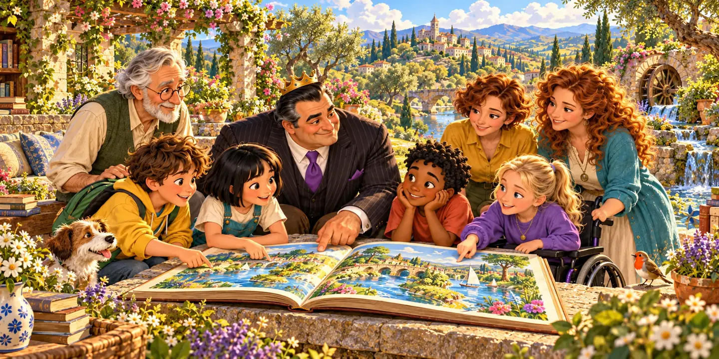 Rumo e i ragazzi scoprono insieme un grande libro illustrato in un giardino fiorito