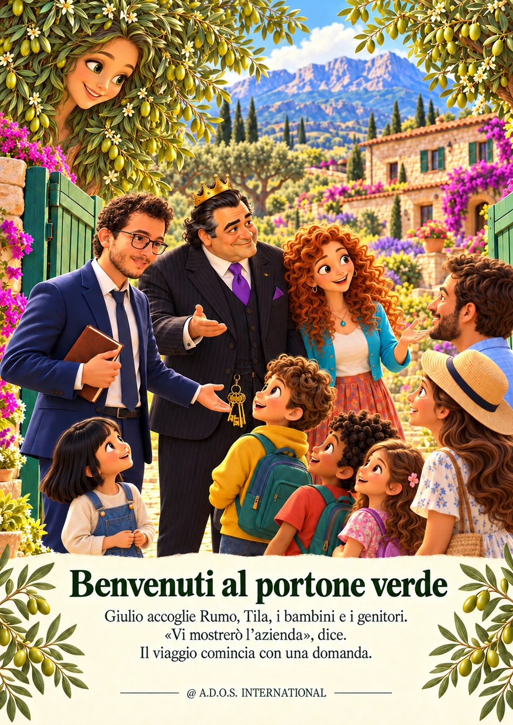 Giulio accoglie Rumo, Tila e i bambini al portone verde